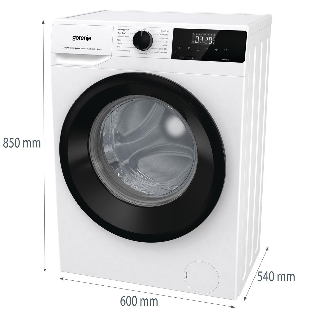 Weiße Waschmaschine, Seitenansicht. Abmessungen sind angezeigt.