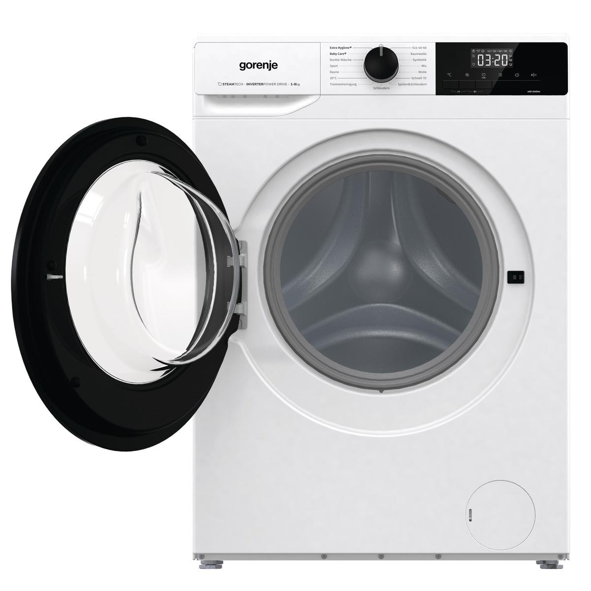 Weiße Waschmaschine mit offener schwarzer Tür. Digitalanzeige zeigt die Zeit. Gorenje-Logo sichtbar.