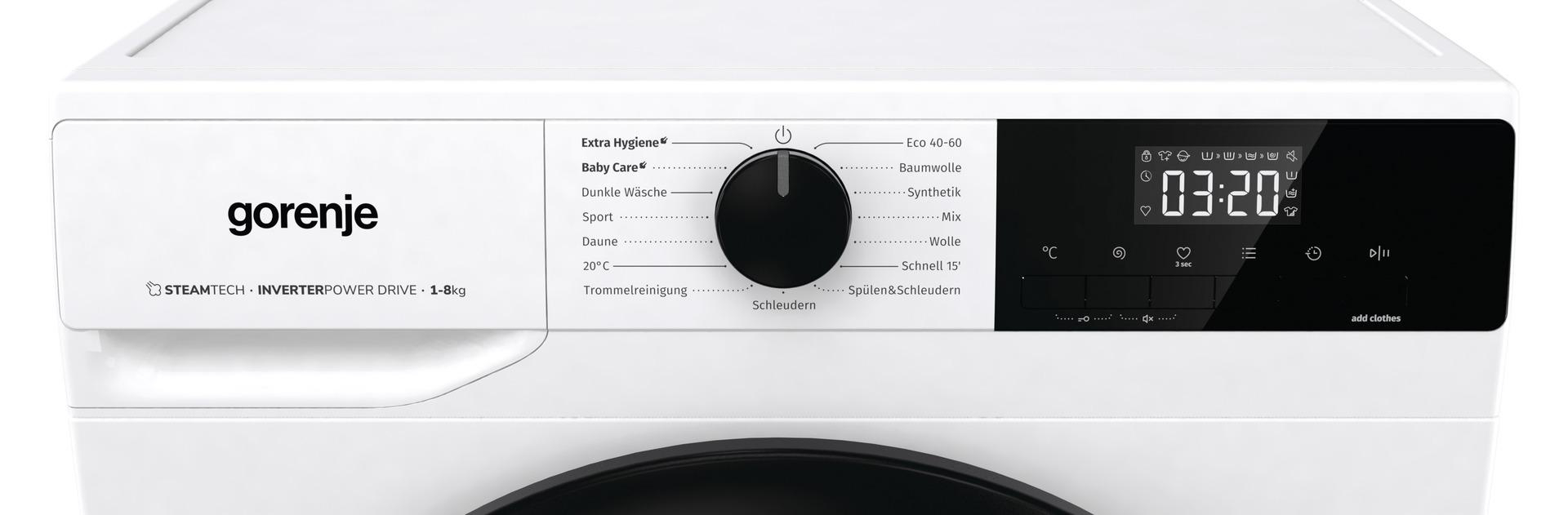 Bedienfeld einer weißen Waschmaschine mit Drehregler und Digitalanzeige.