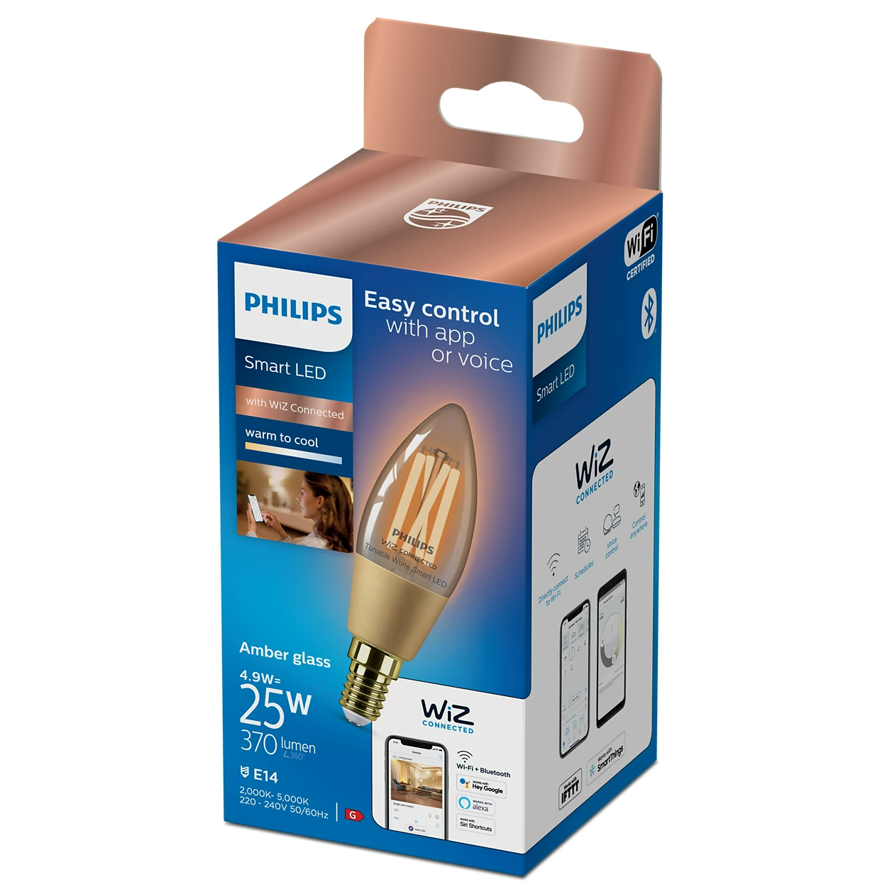 Philips okos LED izzó dobozban, egy nőről készült képpel, aki telefont használ.