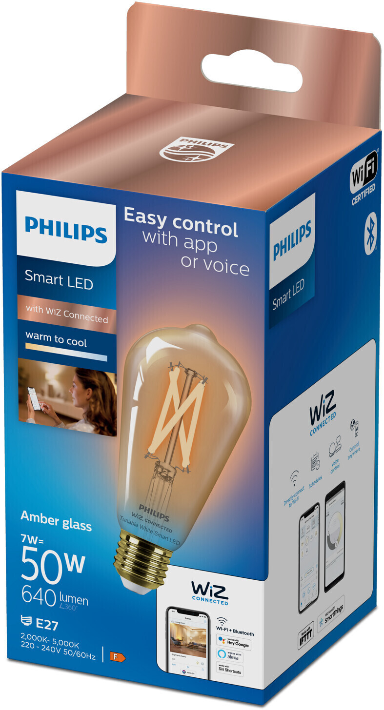 Egy Philips WiZ okos LED izzó a csomagolásában, izzó grafikával.