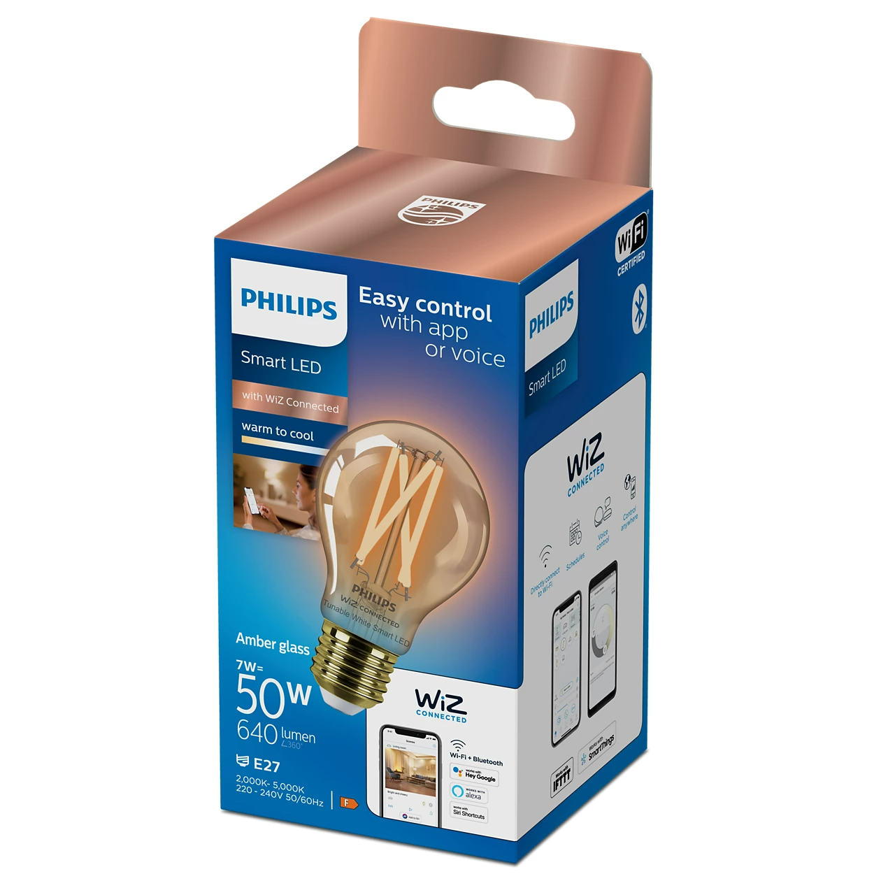Philips okos LED izzó egy dobozban. A dobozon az izzó és az alkalmazás képernyőképei láthatók.