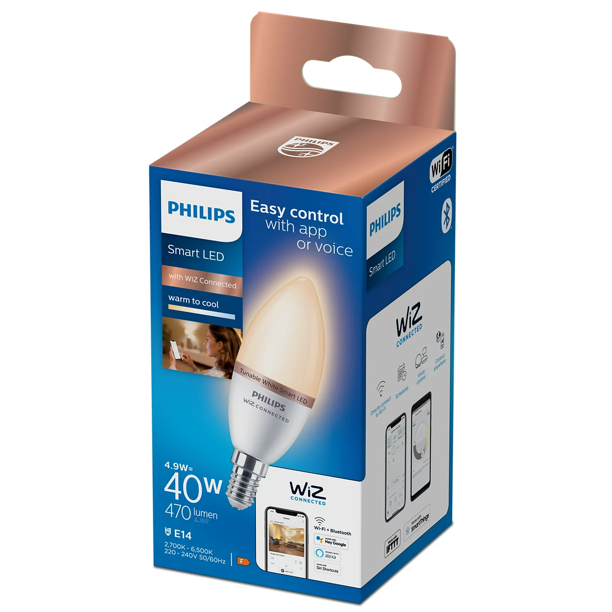 Dobozos Philips Smart LED izzó, applikációs és hangvezérlési funkciókkal.