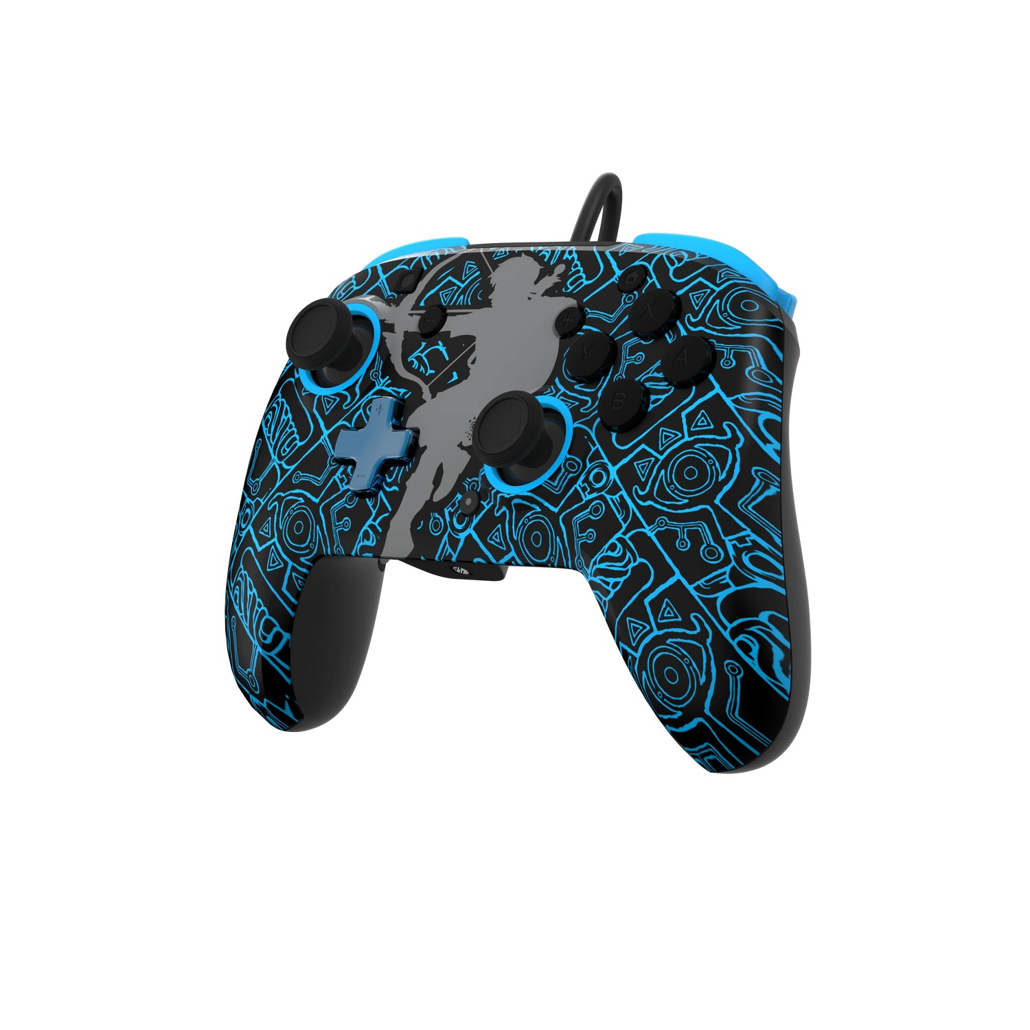 Une manette de jeu noire et bleue. Elle a des joysticks noirs et une croix directionnelle bleue. Le fond est blanc.