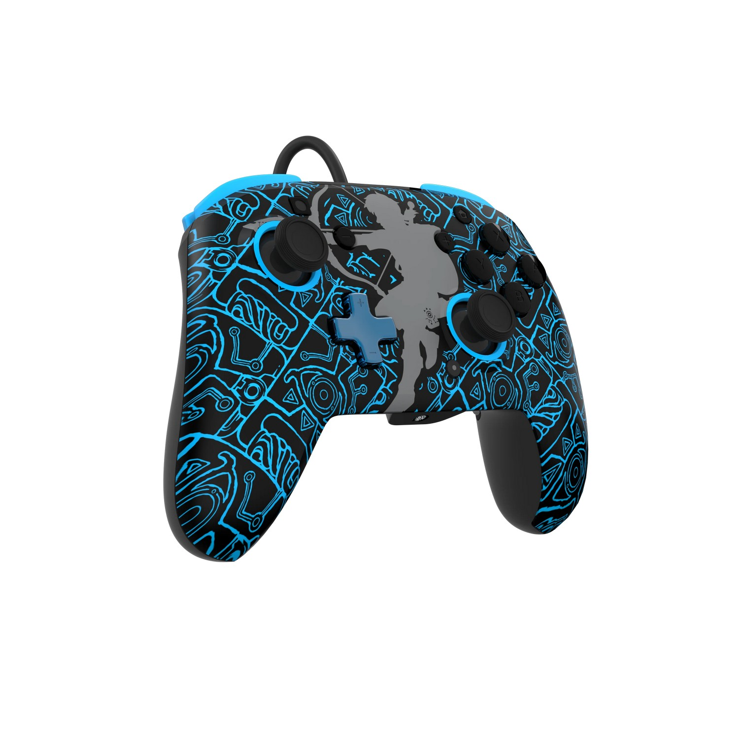 Une manette de jeu vidéo à motifs noirs et bleus avec des boutons et un cordon.