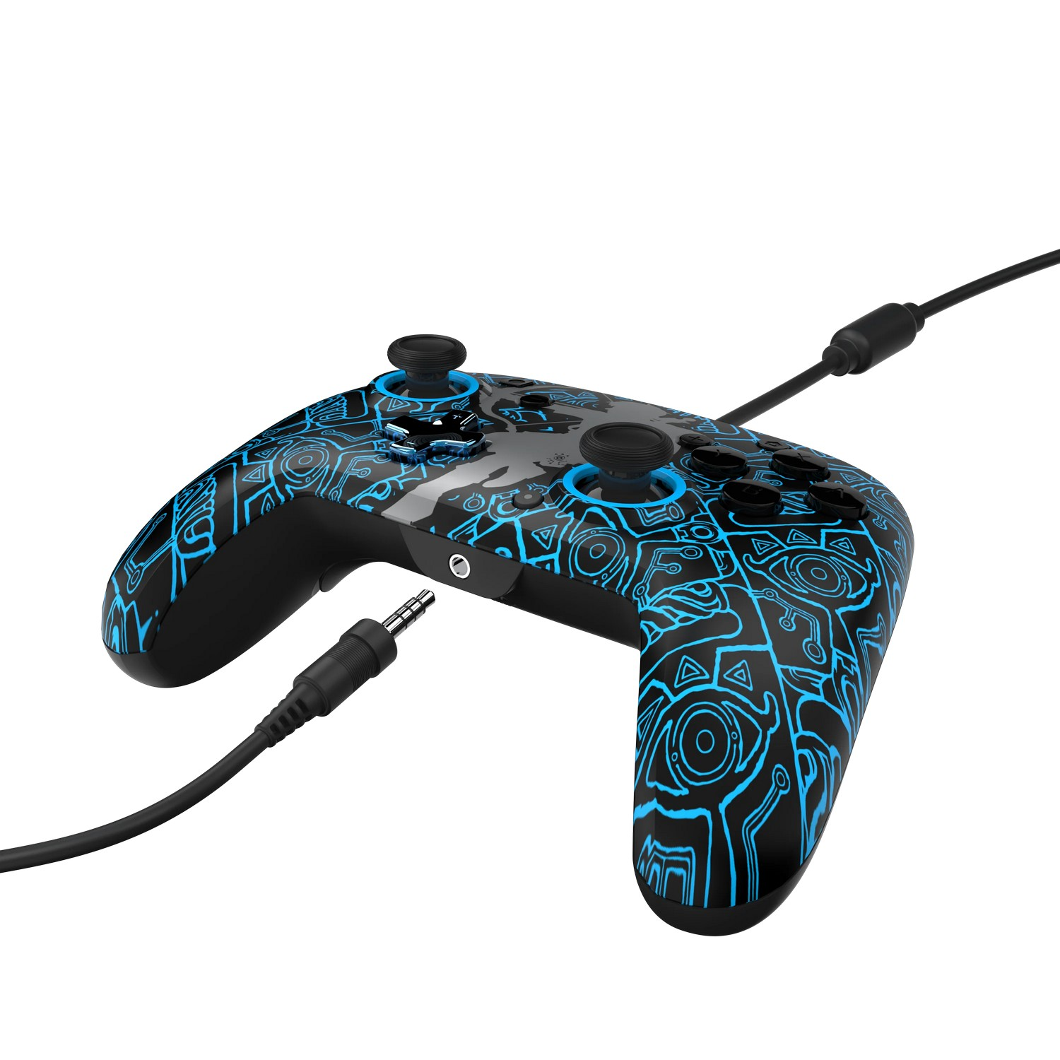 Manette de jeu bleue et noire avec câble, montrant les boutons et les joysticks.