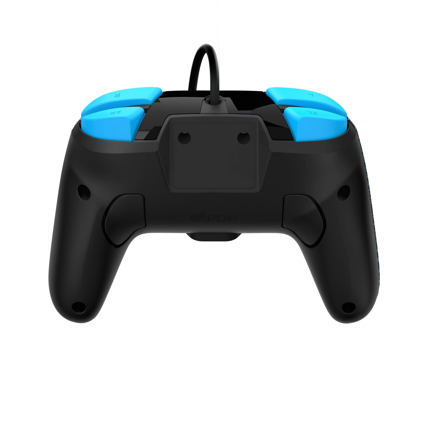 Manette de jeu noire avec boutons bleus, vue de dos, isolée sur fond blanc.