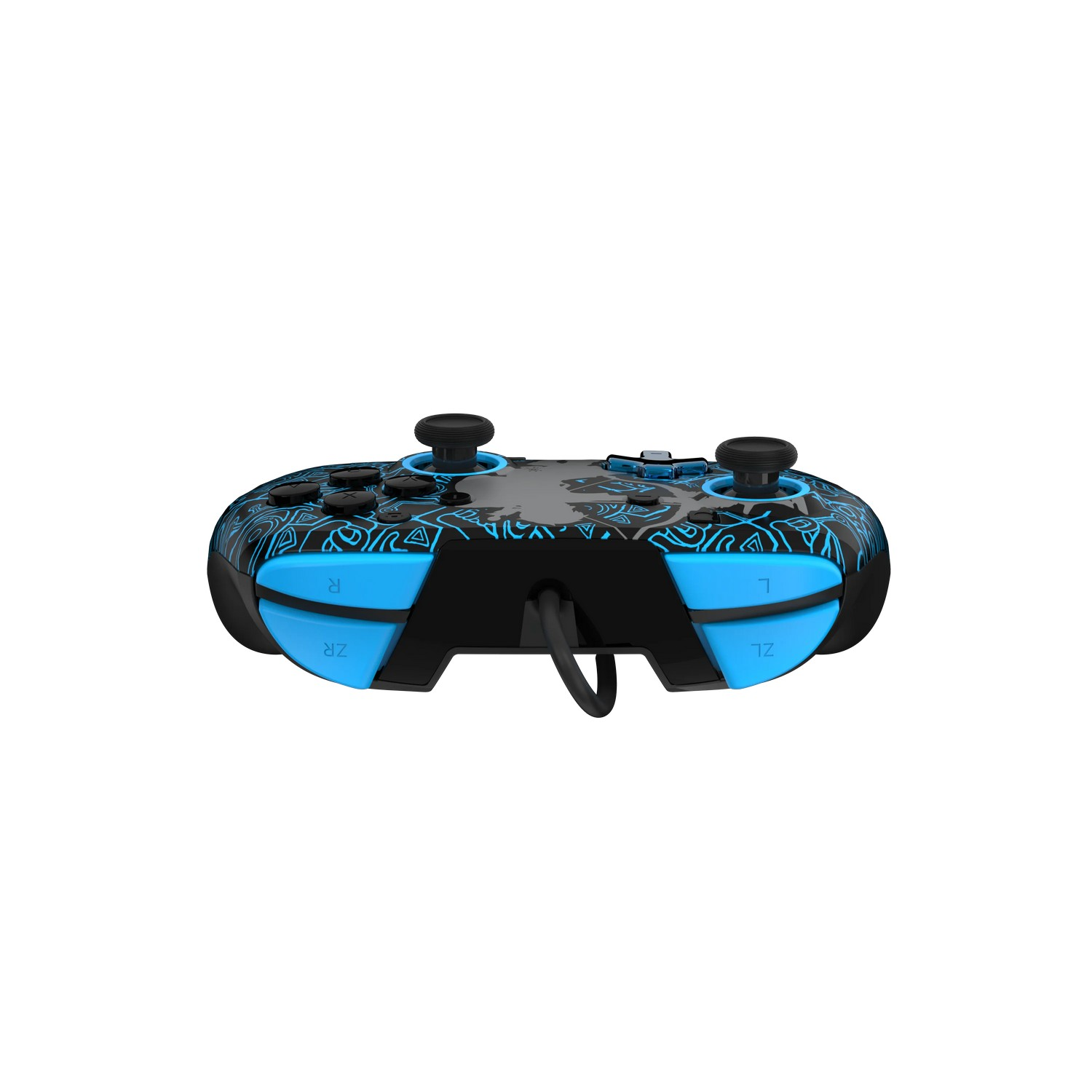 Une manette de jeu noire et bleue avec un cordon. Elle comporte des boutons et des gâchettes avec les lettres ZR, ZL, R, L.