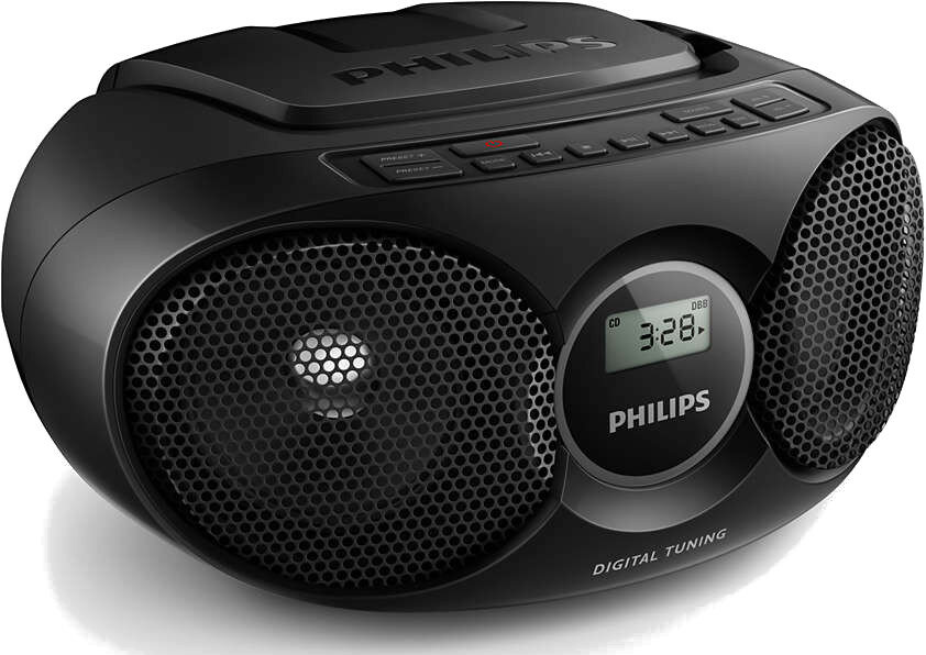 Czarny boombox Philips. Odtwarzacz CD, głośniki po bokach, wyświetlacz, przyciski.