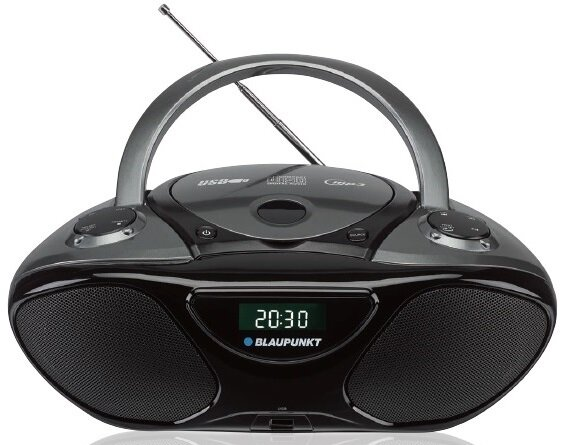 Czarno-szare radio z uchwytem i cyfrowym wyświetlaczem pokazującym godzinę.