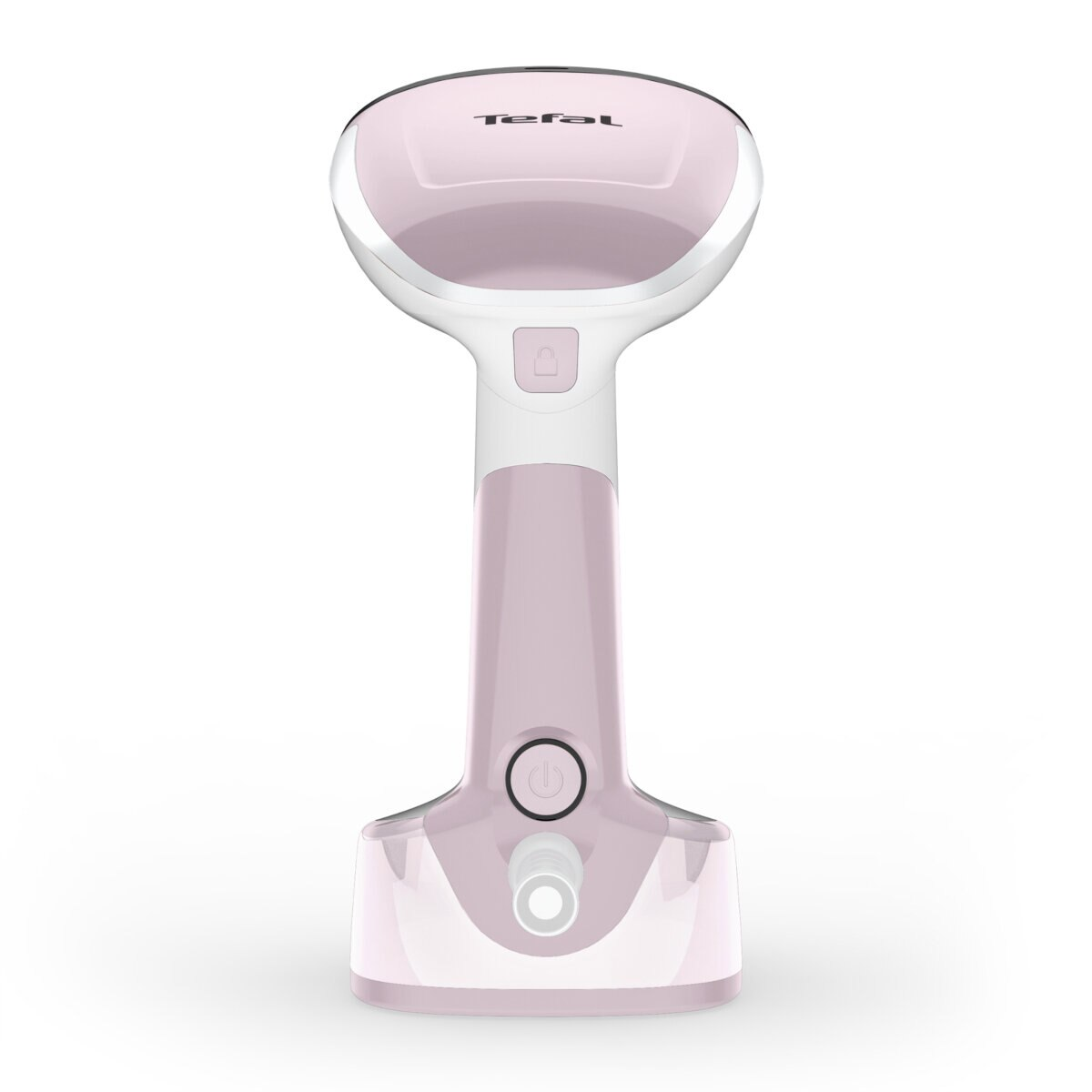 Różowo-białe urządzenie do prasowania Tefal na białym tle, zbliżenie.