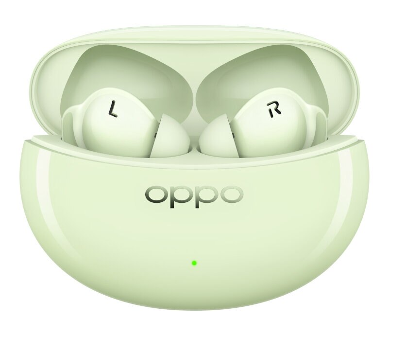 Otwarty jasnozielony zestaw słuchawkowy Oppo w pasującym etui, ze oznaczeniami 'L' i 'R'.
