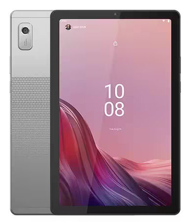 Tablet, srebrny i czarny. Pokazuje ekran z godziną, a także widoczny jest tył.