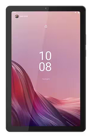 Tablet z czarną ramką, wyświetlający interfejs cyfrowy z godziną i datą. Tło jest liliowe.