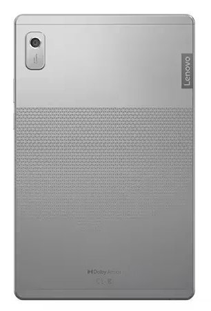 Srebrny tablet Lenovo, widok z tyłu. Posiada aparat i logo Dolby Atmos.