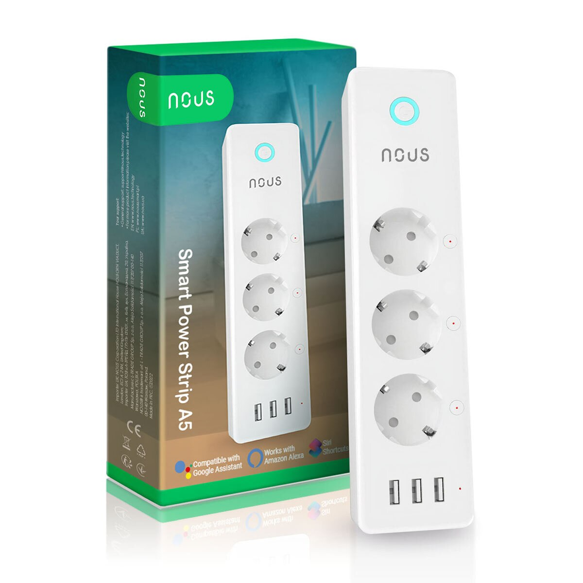 Biała listwa zasilająca smart z wieloma gniazdami i portami USB, w pudełku.
