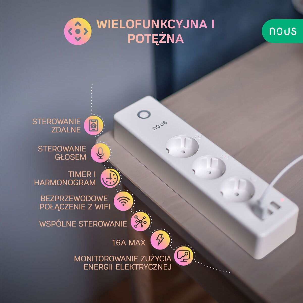 Biała listwa zasilająca z wieloma gniazdami i ikonami funkcji.
