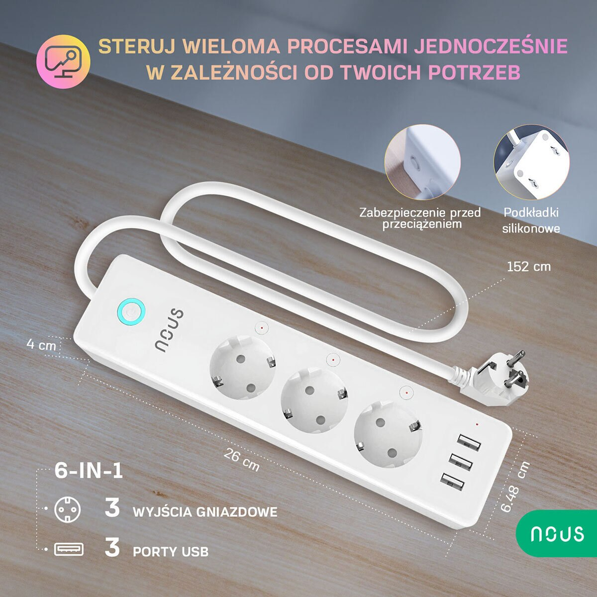 Biała listwa zasilająca z portami USB, trzema gniazdami i zapisanymi wymiarami.