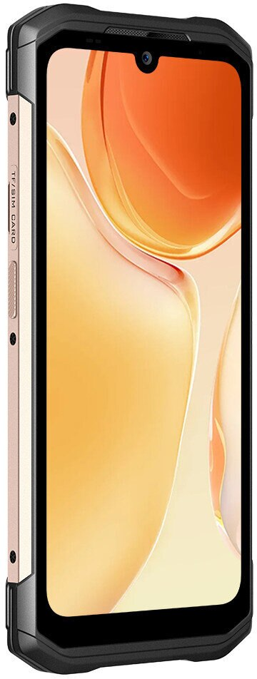 Wytrzymały smartfon w ochronnym etui. Złoty i czarny kolor, widok z trzech czwartych.