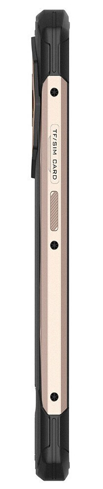 Profil etui na telefon, złoty i czarny, z widocznym gniazdem karty SIM. Obecny przycisk boczny.