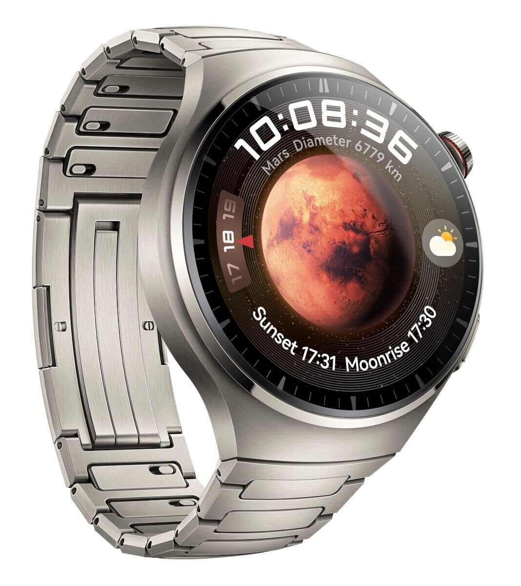 Srebrny smartwatch Huawei pokazujący Marsa. Wyświetla czas, kompas i pogodę w okrągłym kształcie.
