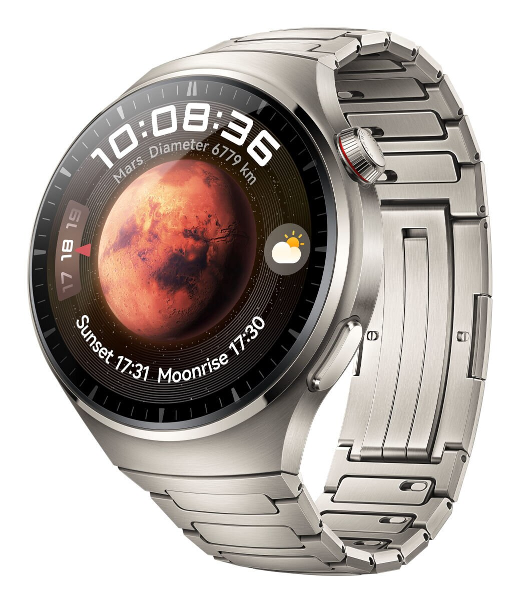 Srebrny smartwatch Huawei z wyświetlaczem Marsa, pokazujący godzinę i datę.