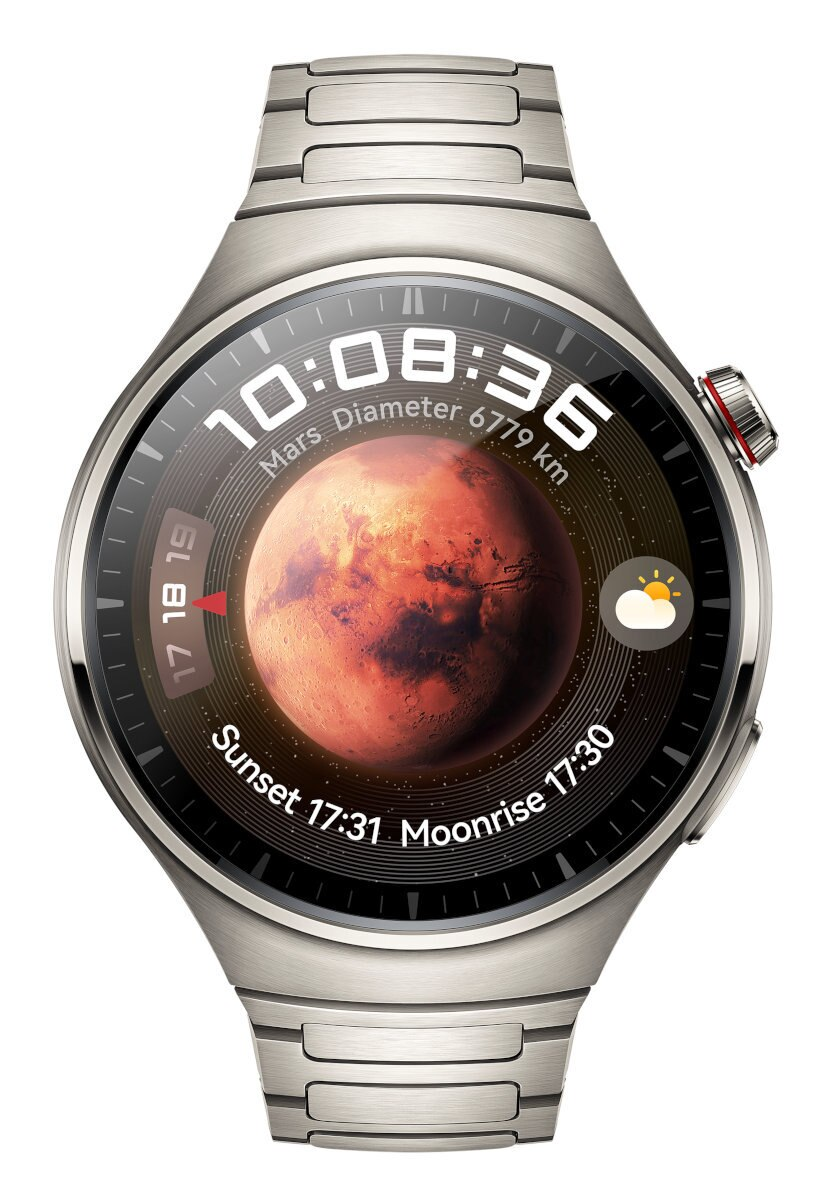 Srebrny smartwatch wyświetla Marsa, godzinę 10:08:36 oraz czasy zachodu/wschodu słońca.