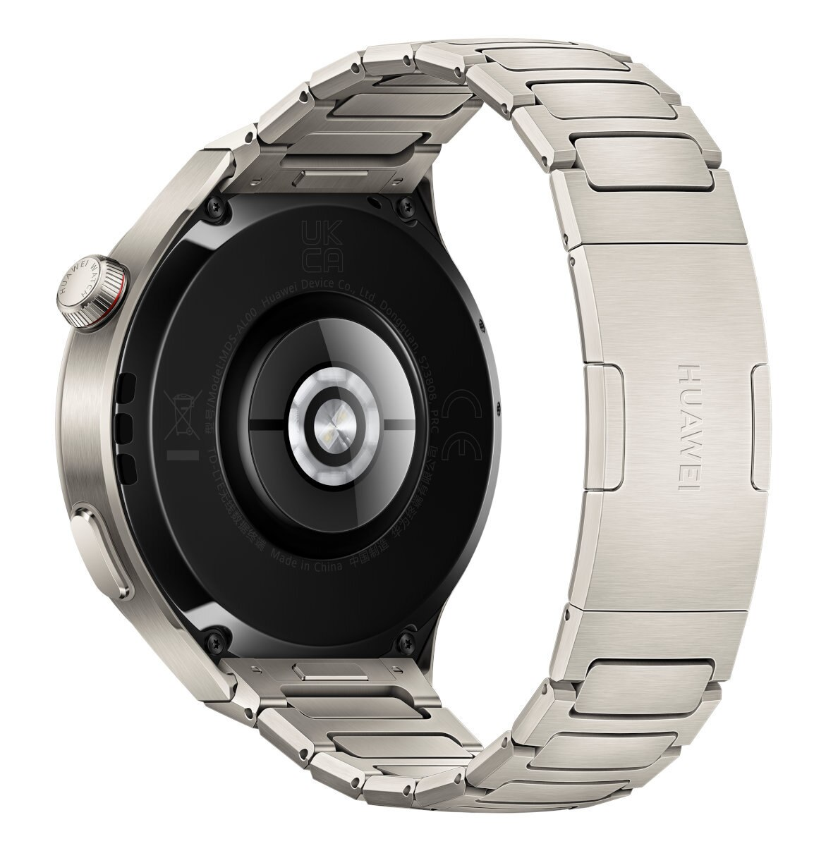 Srebrny smartwatch z metalową bransoletą, tył z detalami. Izolowany na białym tle.