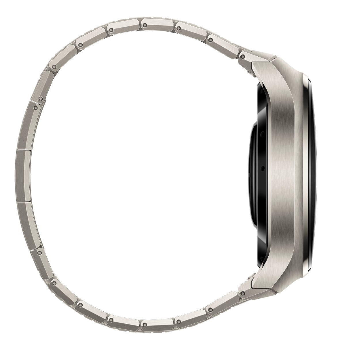 Srebrny smartwatch z metalową bransoletą, widok z boku.