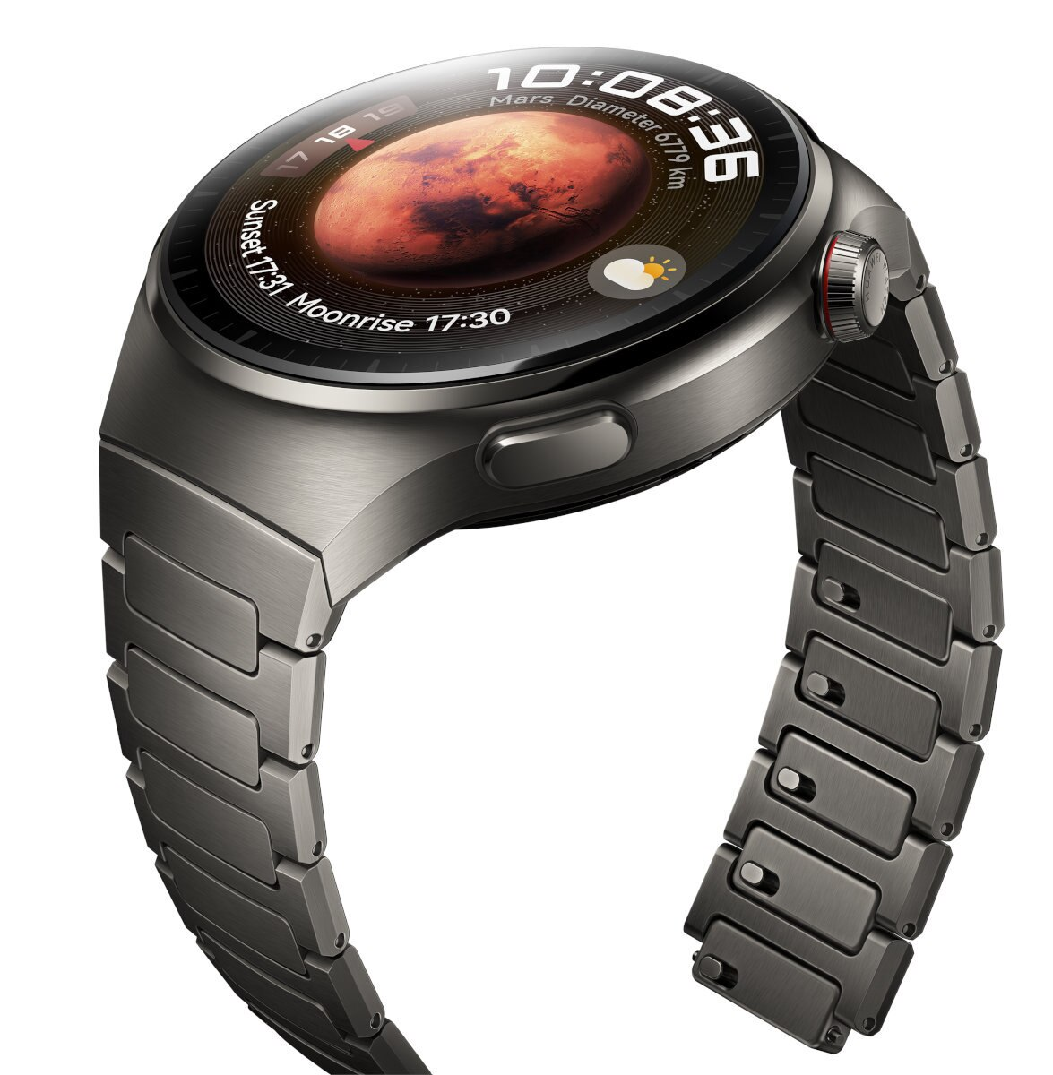 Srebrny smartwatch z wyświetlaczem Marsa i metalową bransoletą.