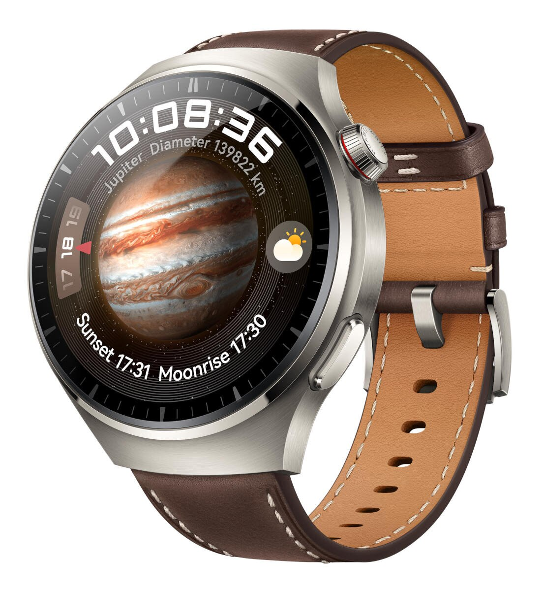 Smartwatch pokazujący Jowisza i dane planetarne. Brązowy skórzany pasek.