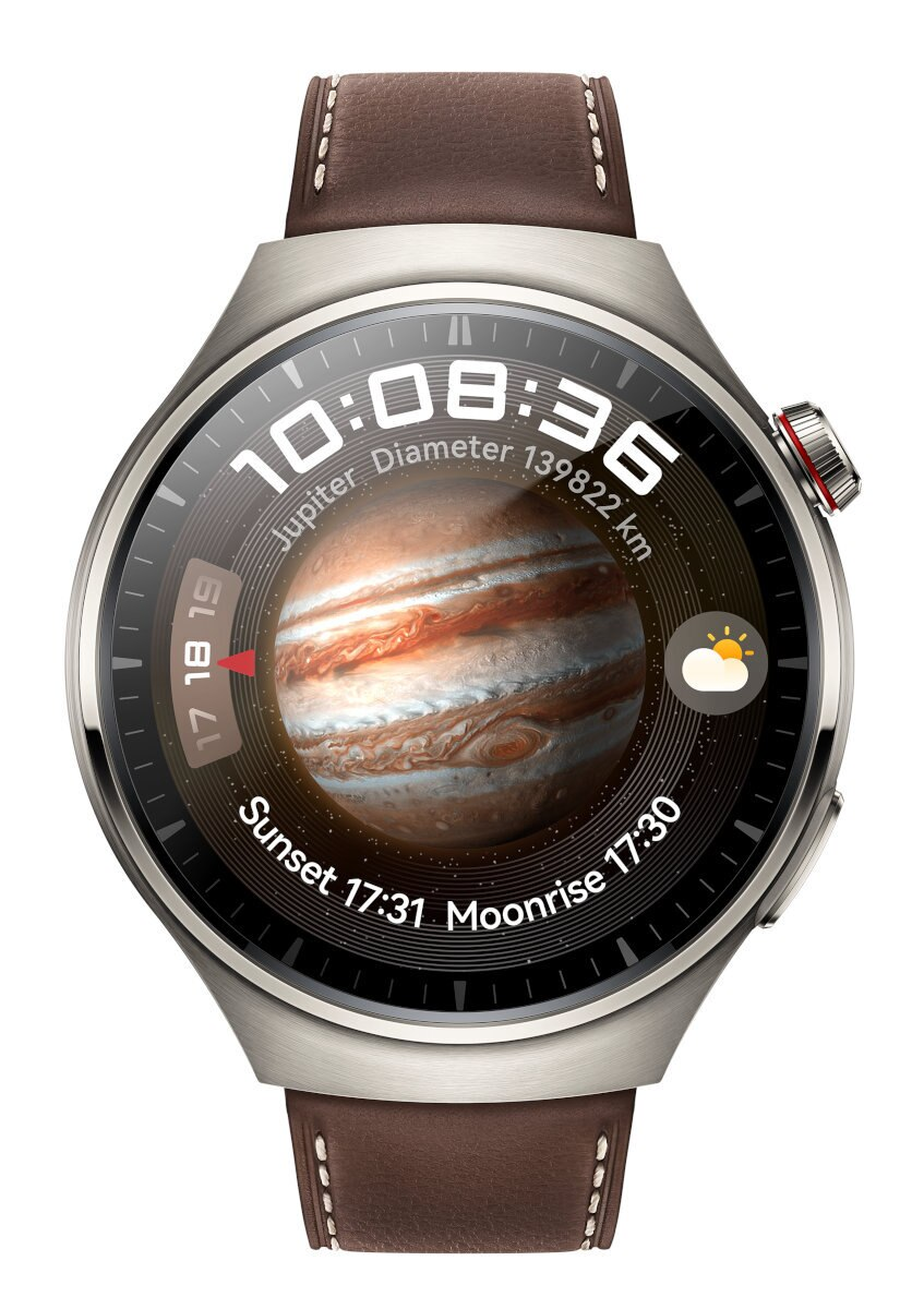 Smartwatch z Jowiszem na wyświetlaczu. Brązowy skórzany pasek.