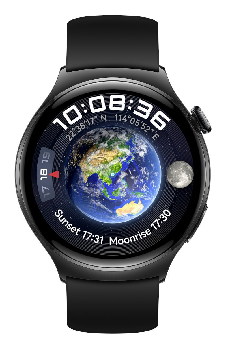 Czarny smartwatch wyświetla Ziemię, księżyc i godzinę 10:08:36.