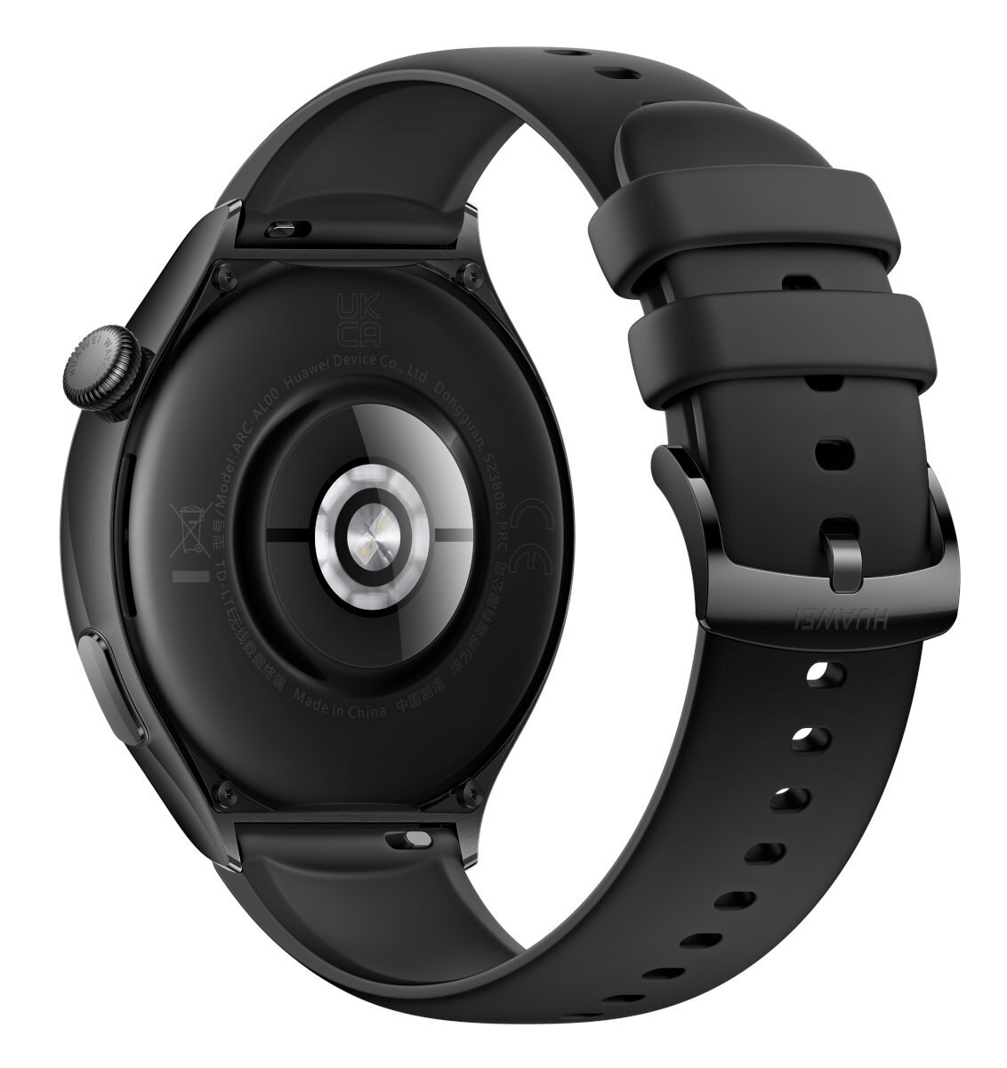 Czarny smartwatch z kontaktami ładowania i logo Huawei na pasku.