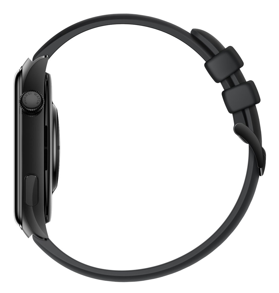 Czarny smartwatch z profilu z czarnym paskiem na białym tle.