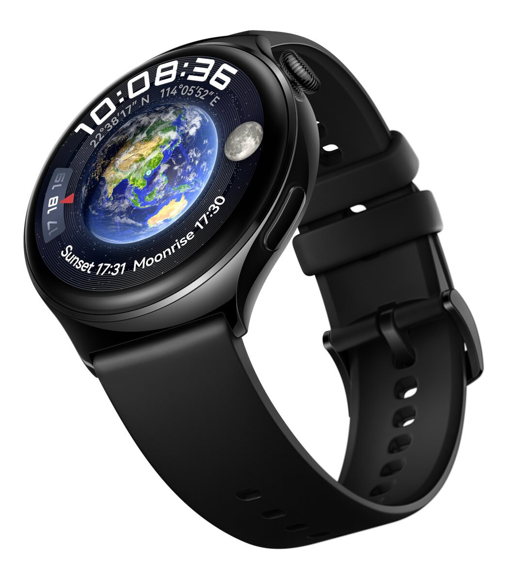 Czarny smartwatch z widokiem Ziemi, czasem i danymi wschodu/zachodu księżyca.