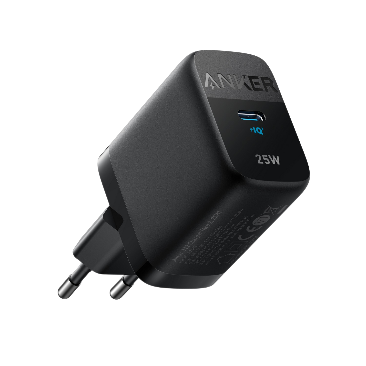 Un chargeur Anker 25W noir avec un port USB-C.