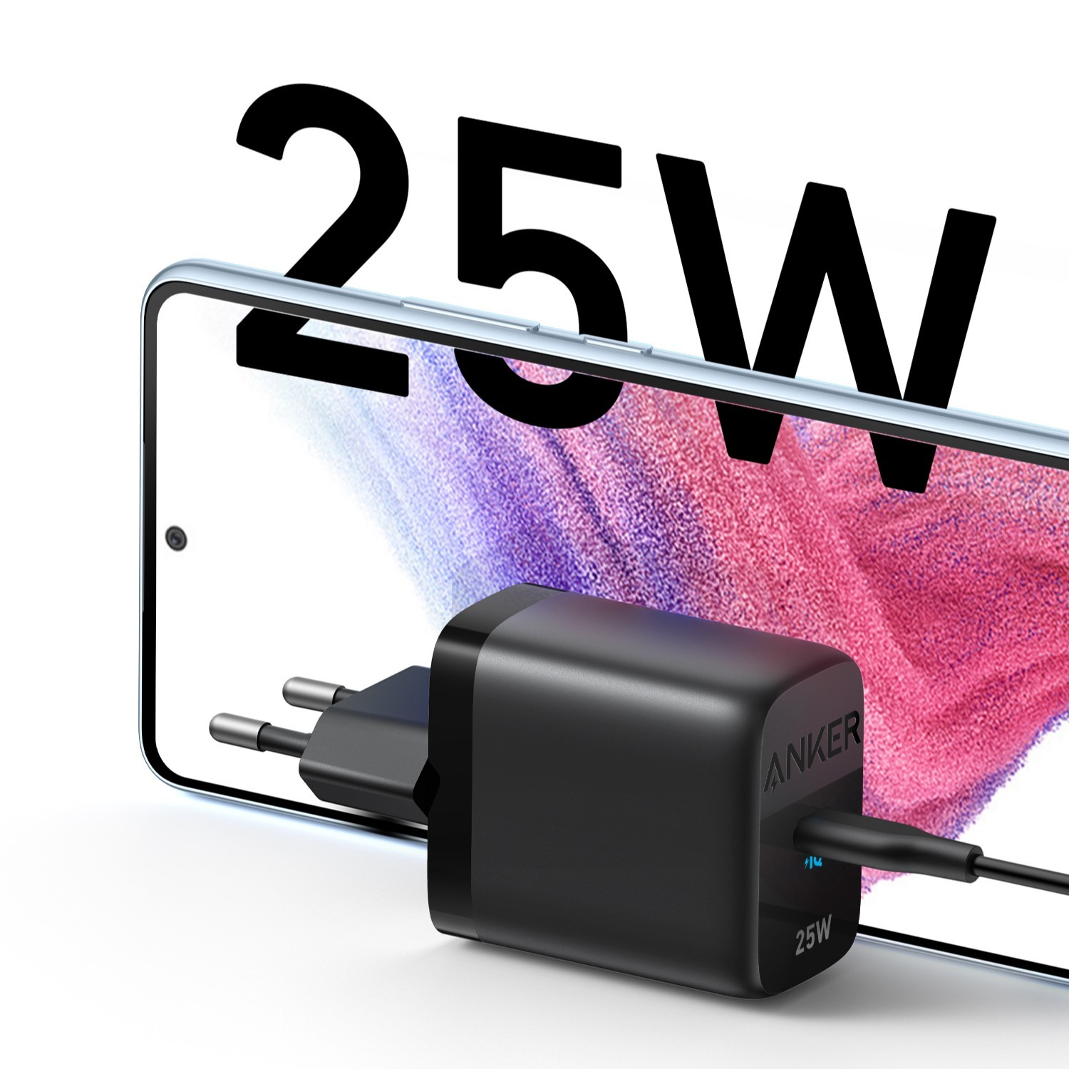Chargeur Anker noir avec 25W. Téléphone avec fond rose et bleu.