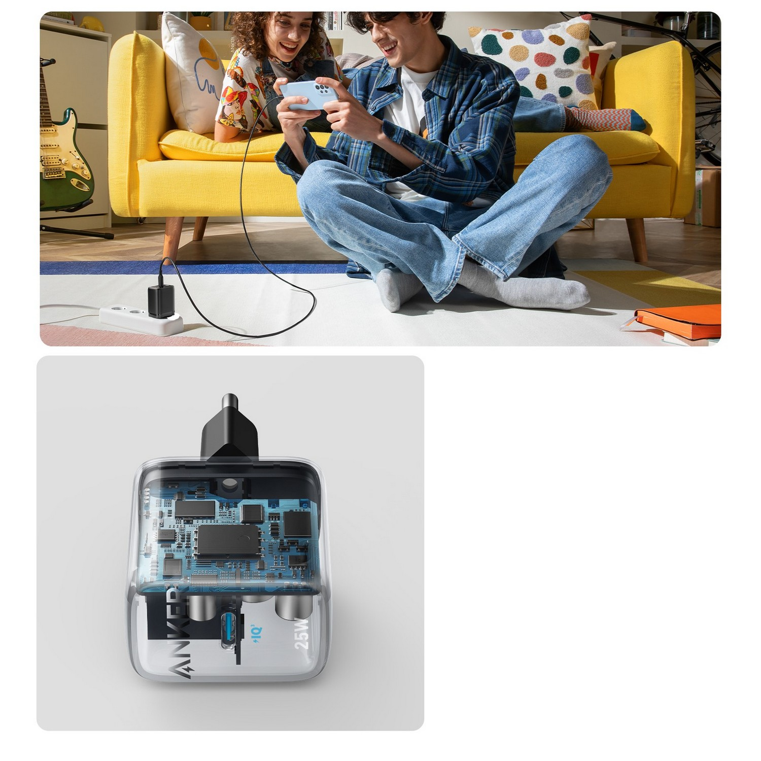 Deux personnes utilisent un téléphone en charge. Un chargeur est montré, avec ses composants internes visibles.