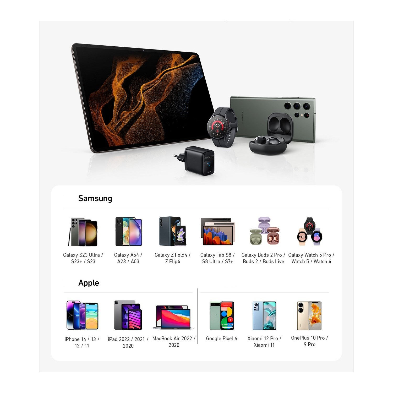 Selectie van Samsung- en Apple-apparaten: telefoons, tablets, oordopjes en smartwatches.