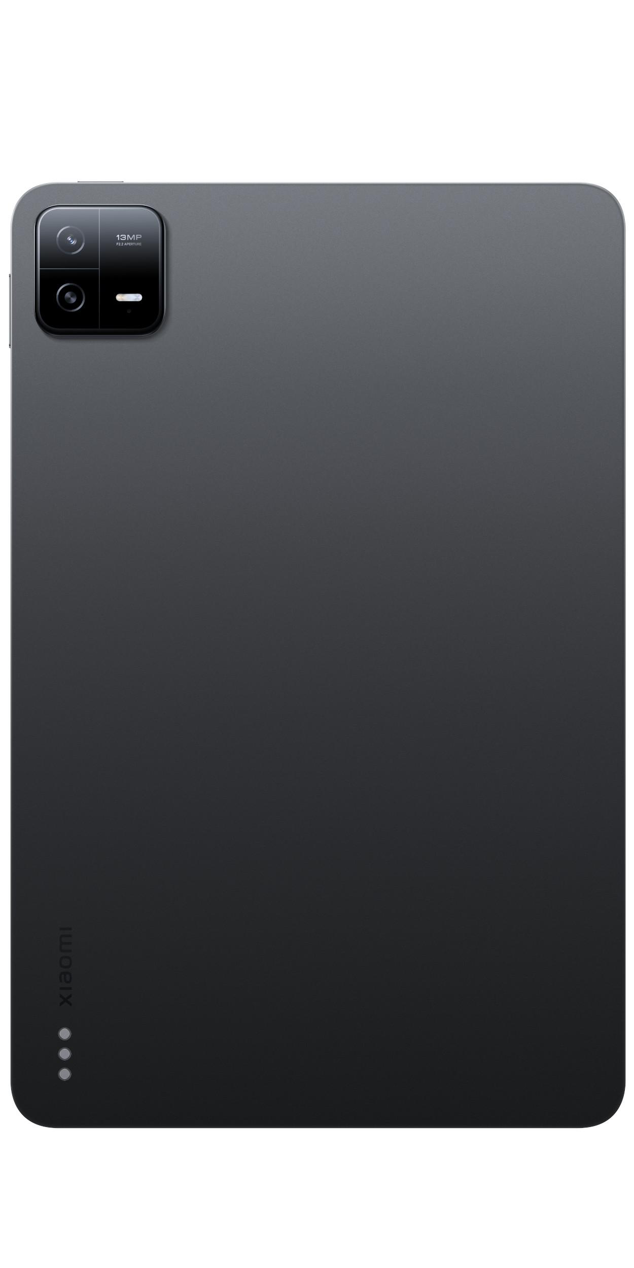 Ein schwarzes Tablet mit Kameras in der oberen linken Ecke, auf weißer Oberfläche.