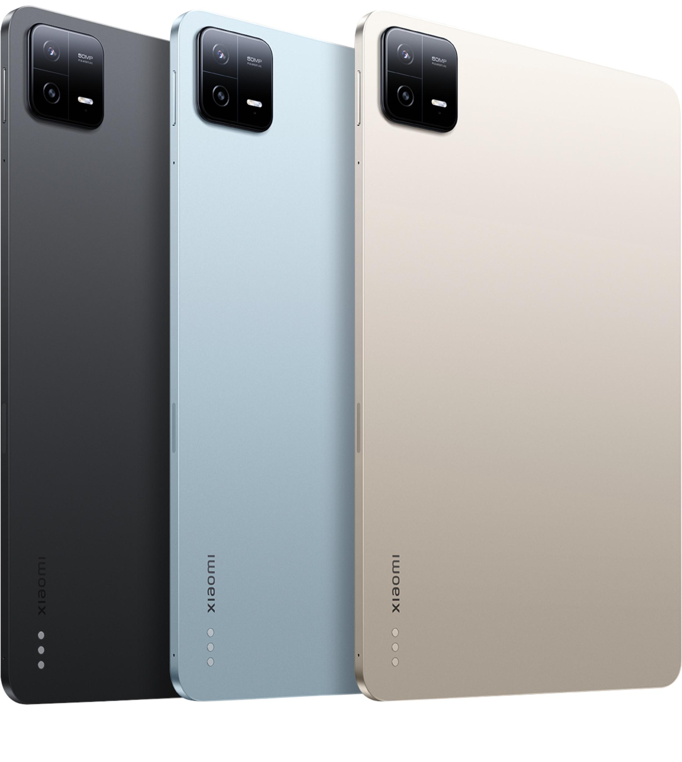 Drei Xiaomi-Tablets in verschiedenen Farben: Schwarz, Blau und Gold, in einer Reihe angeordnet.
