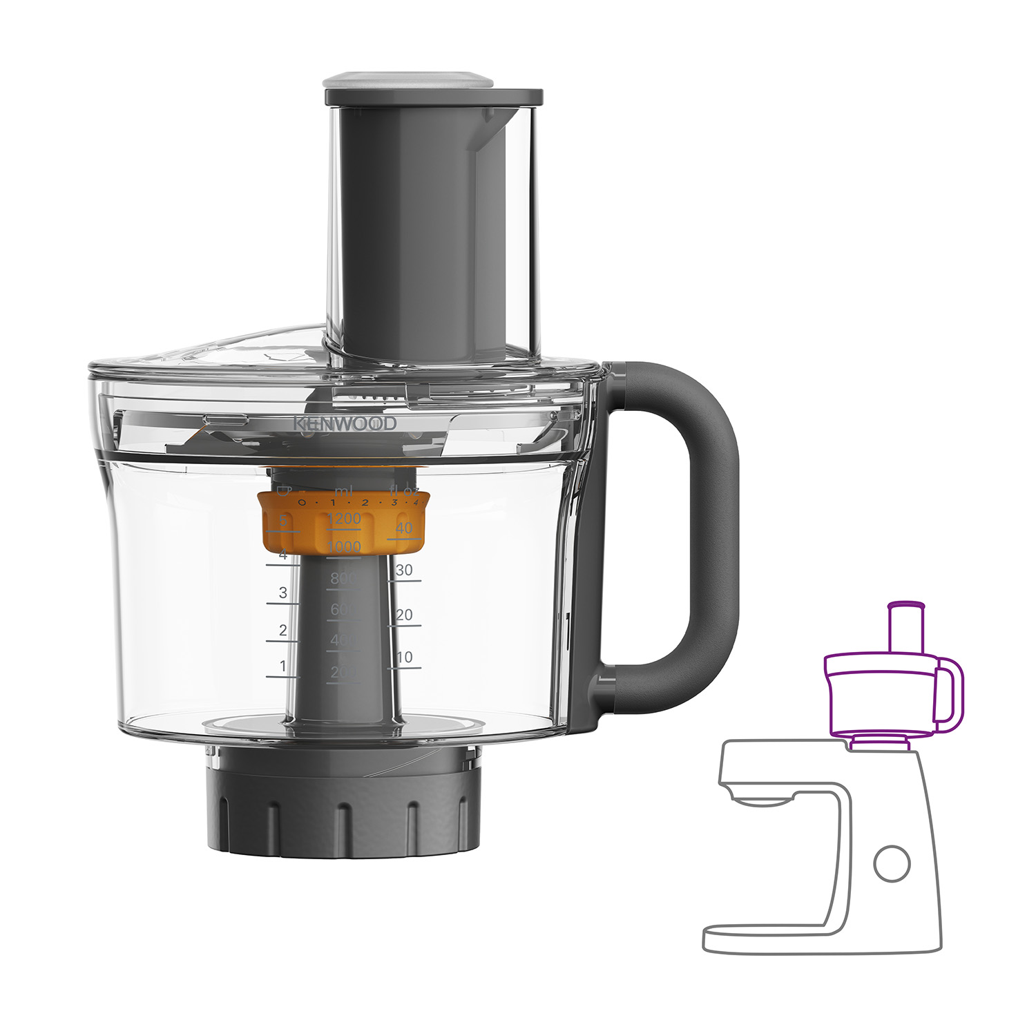 Elettrodomestico da cucina, contenitore di plastica trasparente con manico. Include una bilancia e misure.