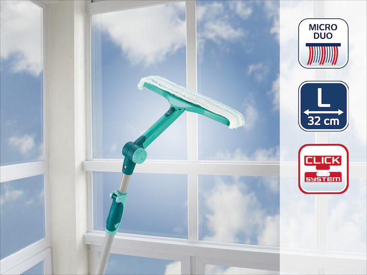Ein Fensterreinigungswerkzeug mit blauem Griff, weißem Tuch und Symbolen für seine Funktionen.