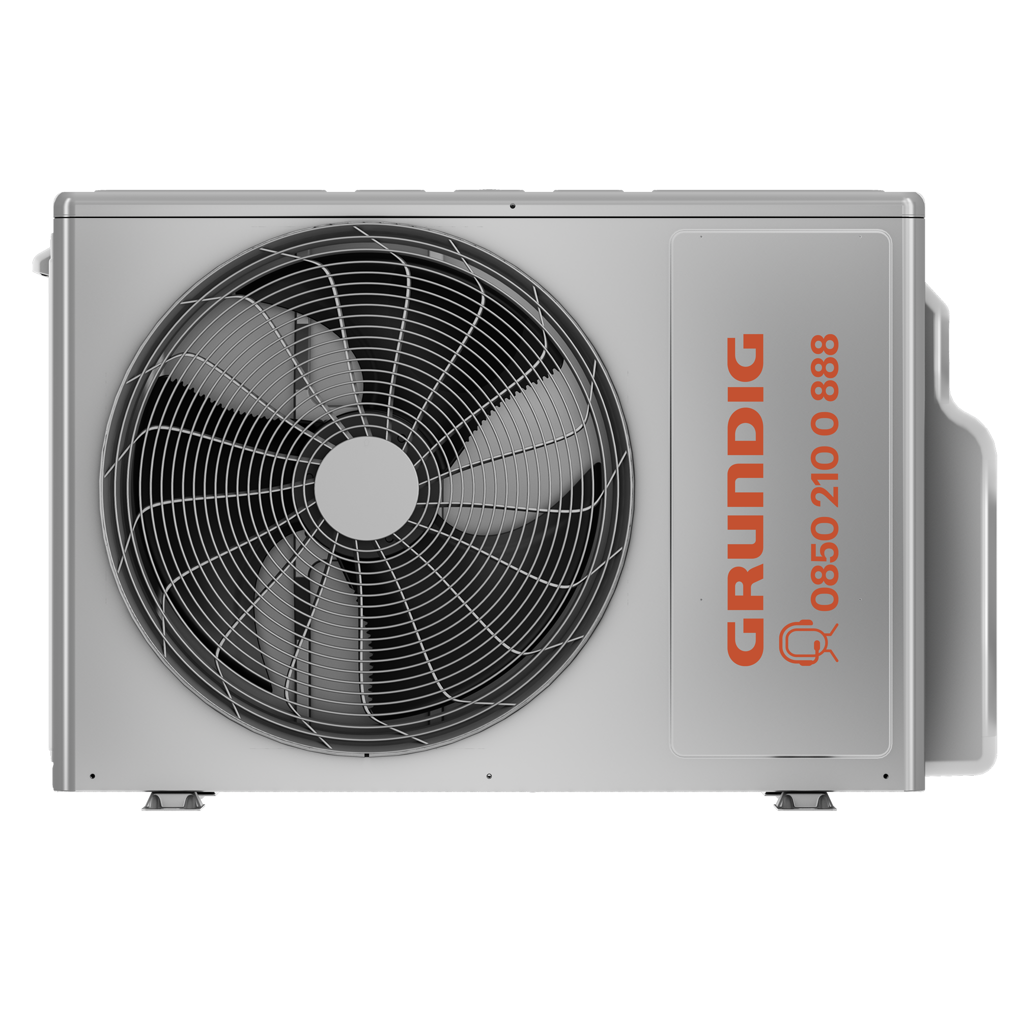 Bir Grundig klima ünitesi. Açık gri renkte, büyük bir fanı ve turuncu Grundig logosu var.
