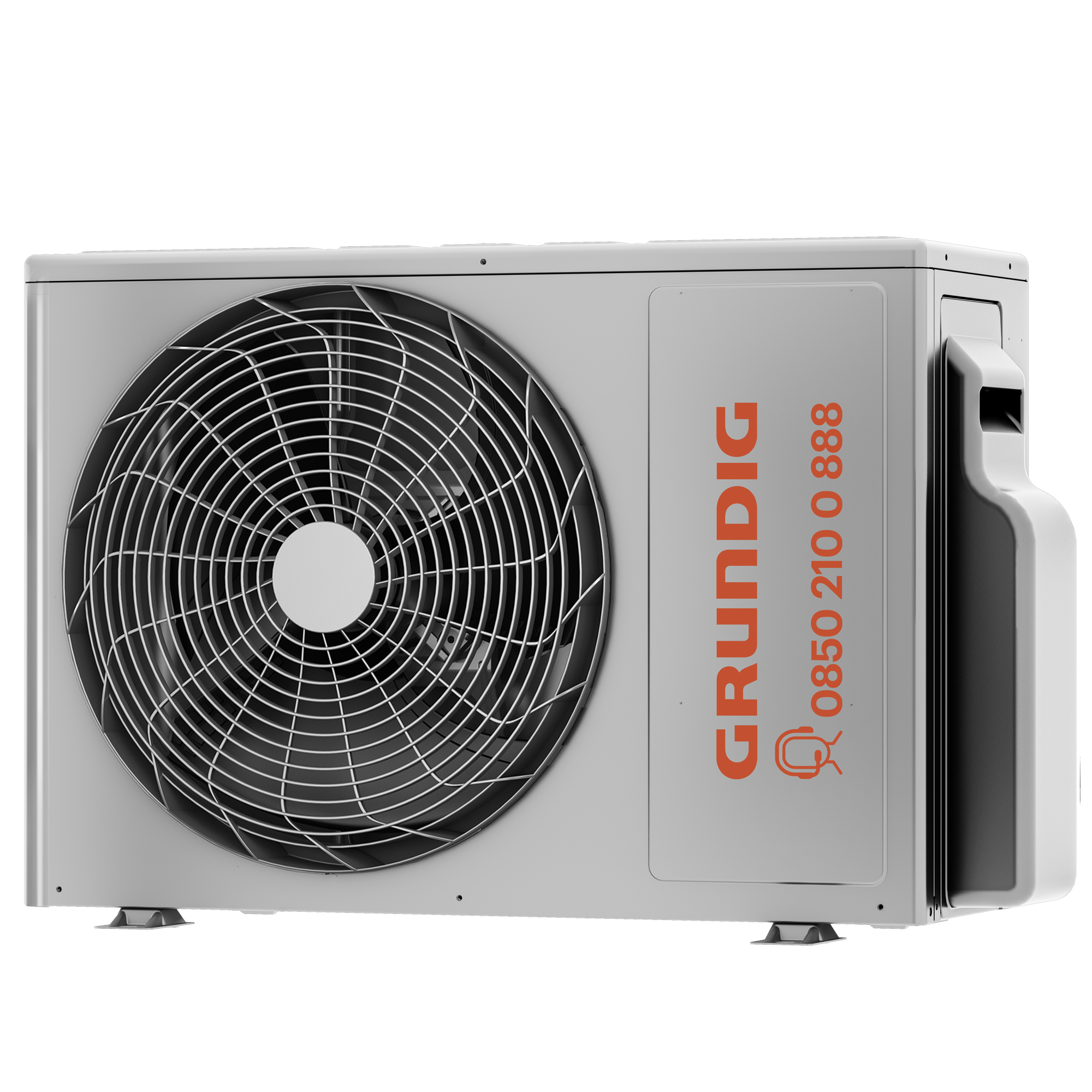 Gri Grundig klima. Fan, turuncu metin ve siyah yan panel var. Ünite küçük ayaklar üzerinde duruyor.