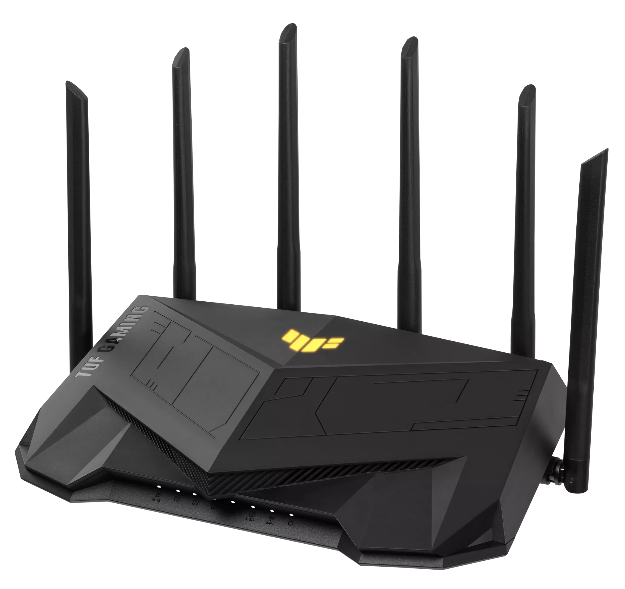 Fekete ASUS router hat antennával. A tetején sárga logó van. Fekete háttéren látható.