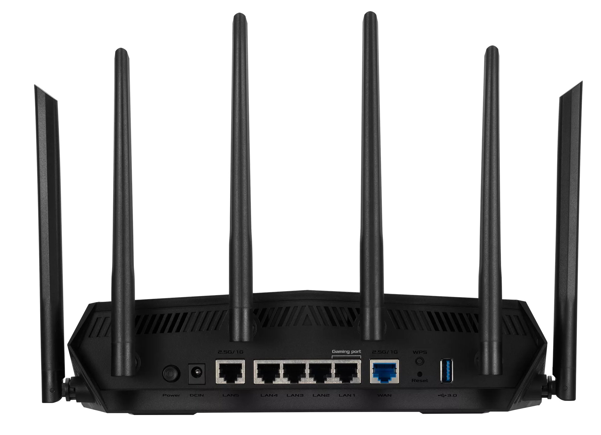 Fekete router antennákkal, portokkal és bekapcsológombbal, felülről nézve.
