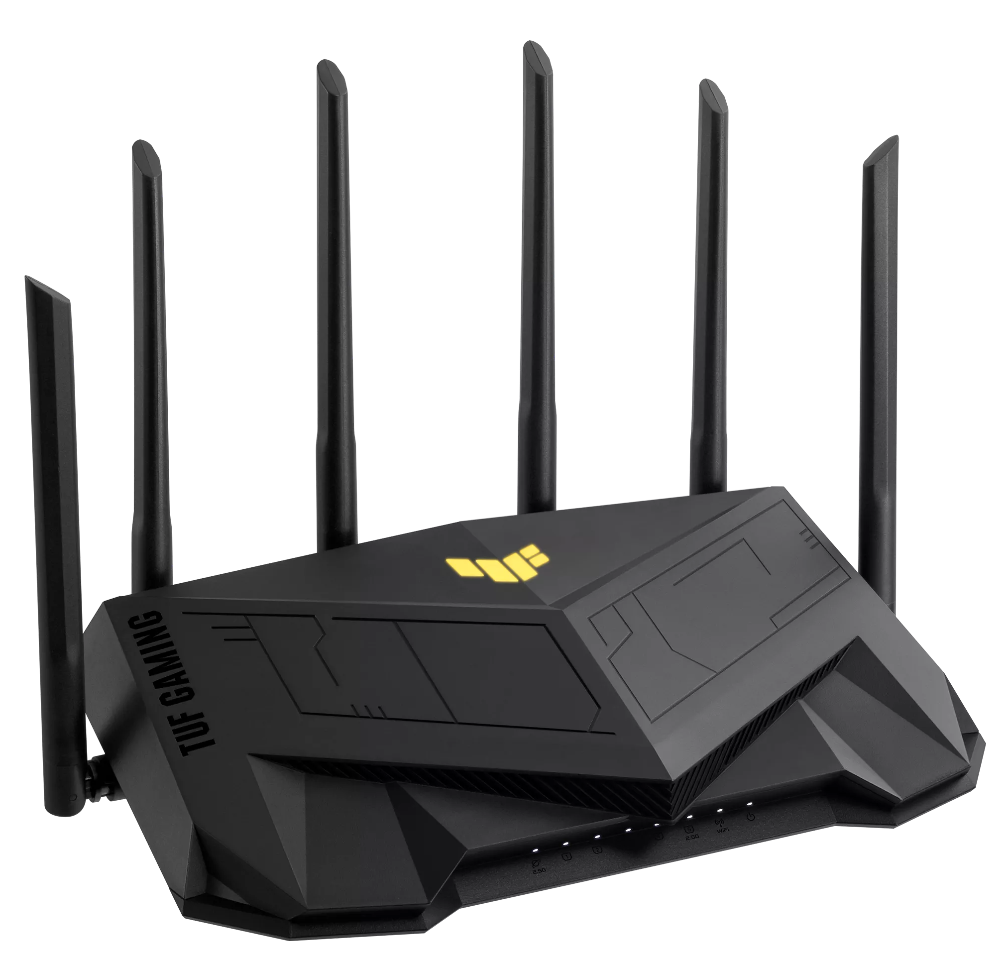 Fekete ASUS TUF Gaming router több antennával sötét háttéren.