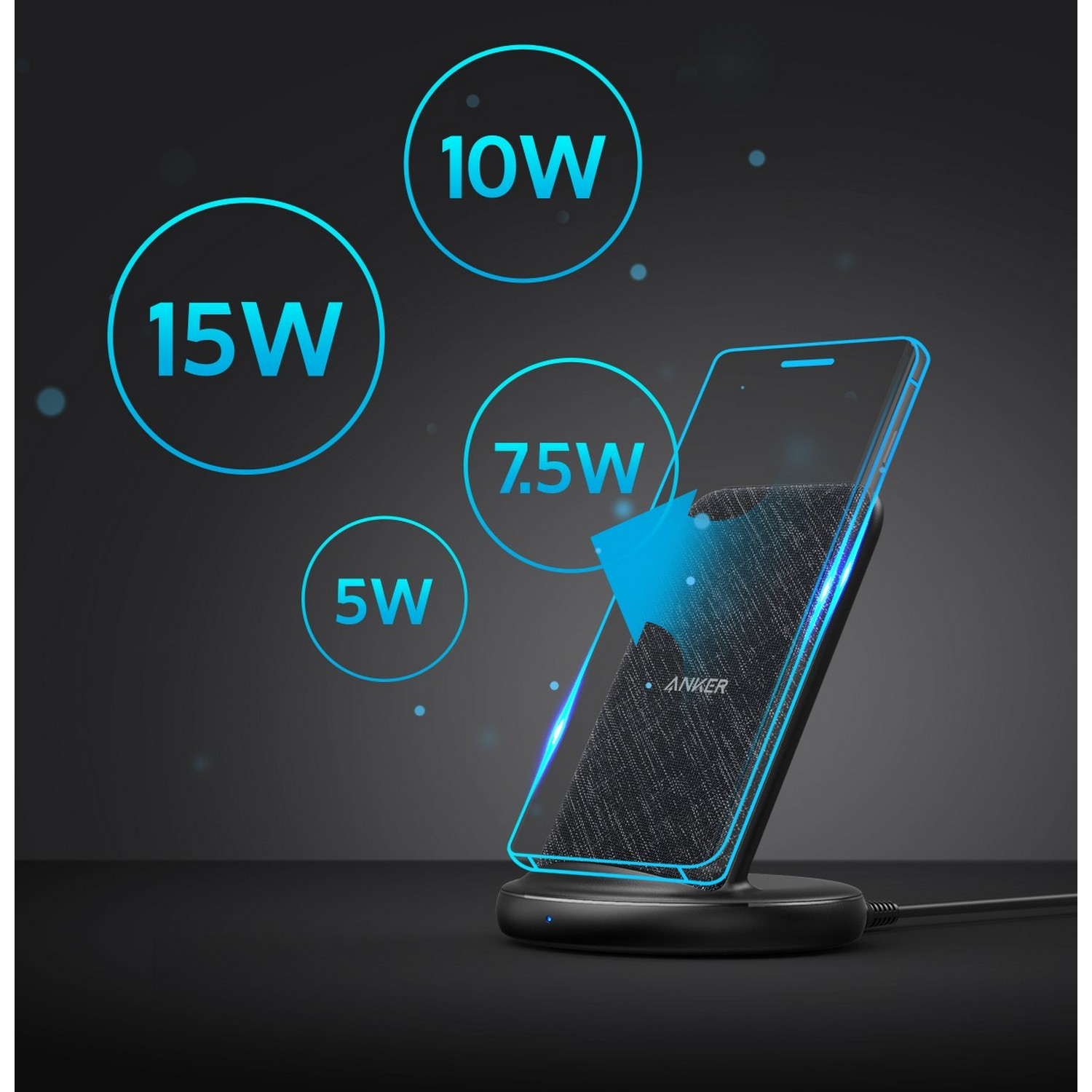 Anker draadloze oplader met telefoon. Toont 5W, 7,5W, 10W en 15W oplaadniveaus.